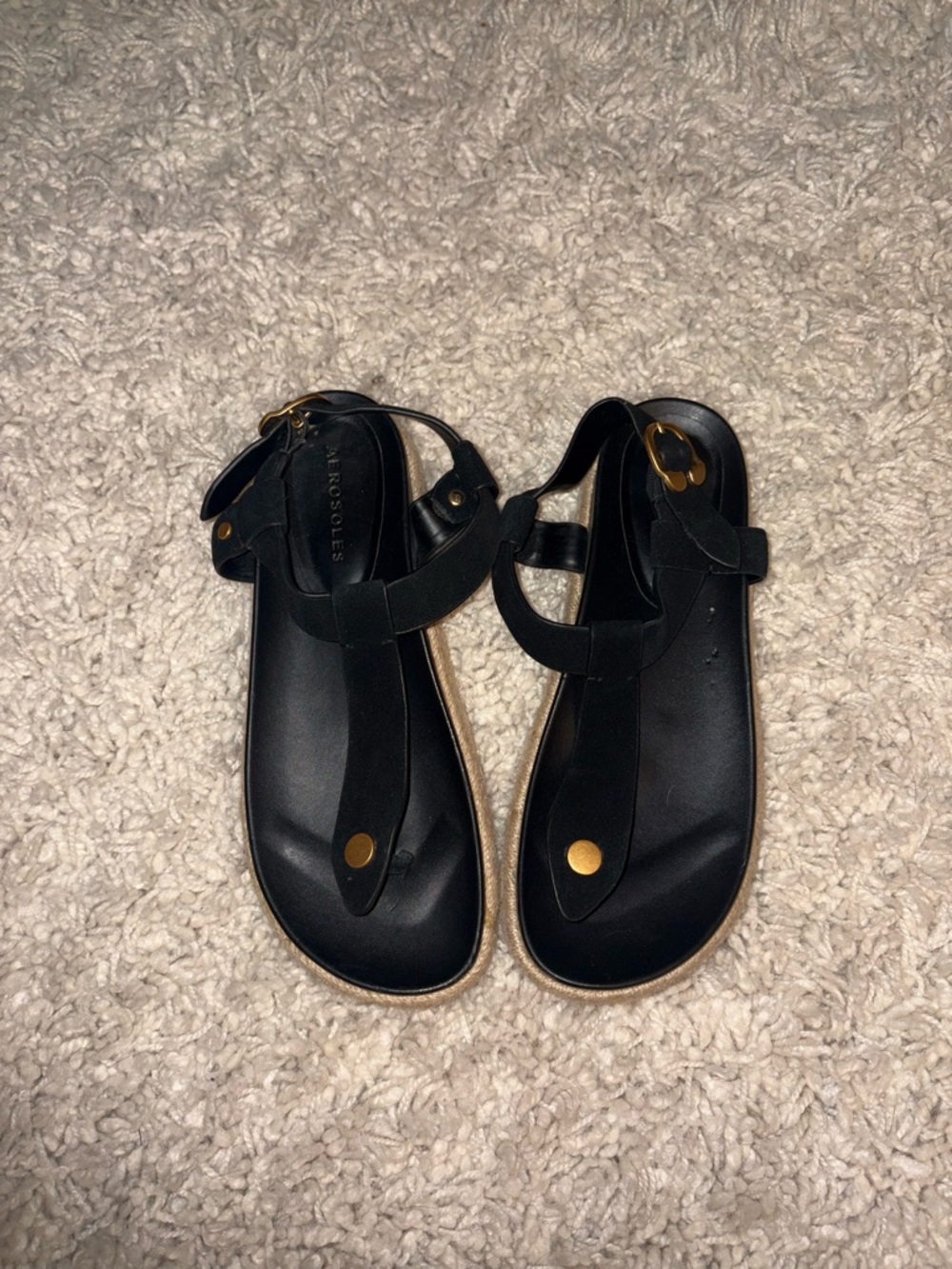 AEROSOLES Black Leather T-Strap Sandals with Gold Accents